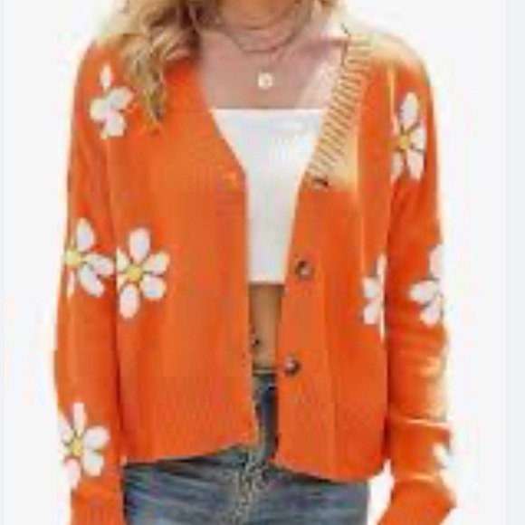 Bershka Sweaters - Bershka Orange Floral Button-Up Cardigan